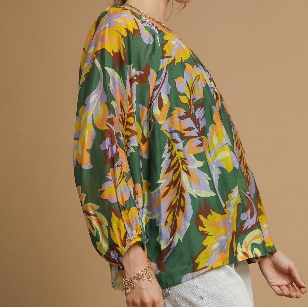 Umgee Retro Abstract Shirt Pleated 70s Round Neck Top Long Balloon Sleeve Blouse - Picture 7 of 16
